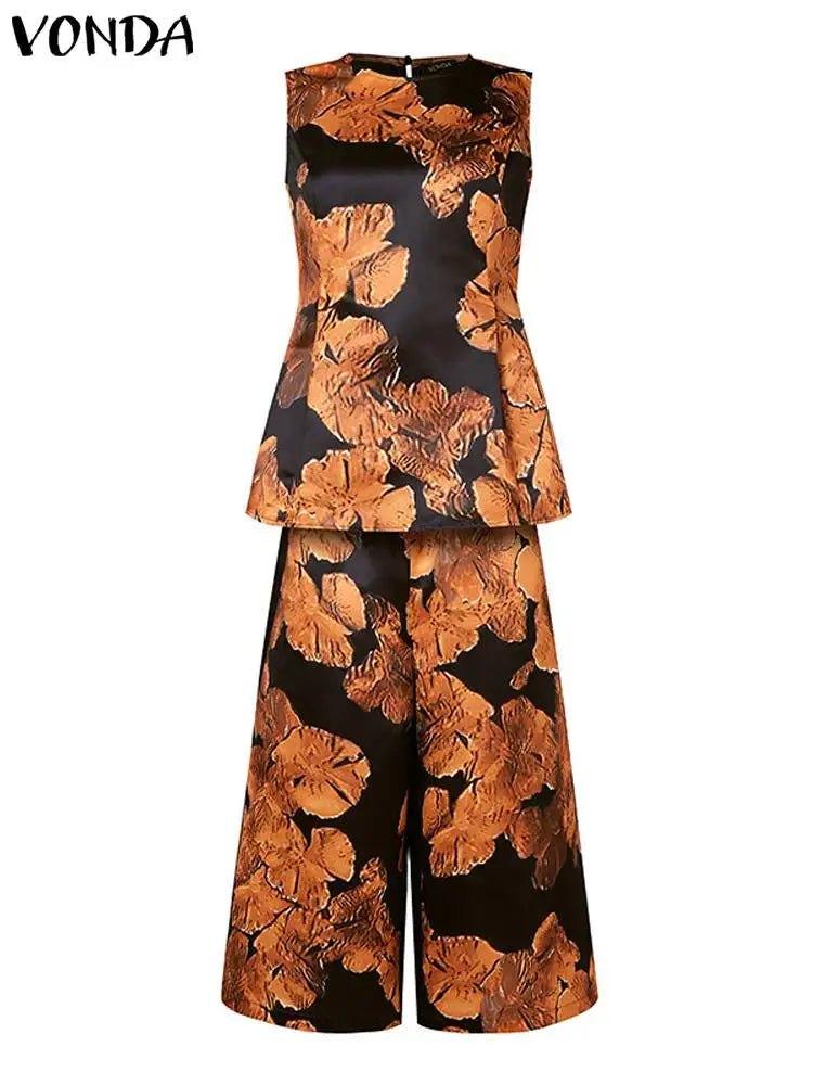 Maxy Plus Size 5XL VONDA Summer Pant Sets Women 2pcs Suits Printed Sleeveless Tops and Elastic Waist Wide Leg Pants Sets Oversized
