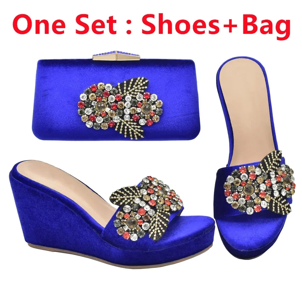 Maxy Latest Design Shoe and Bags Set Wedges Shoes for Women Wedding Shoes Bride Rhinestone Italy Women Party Pumps with Purse