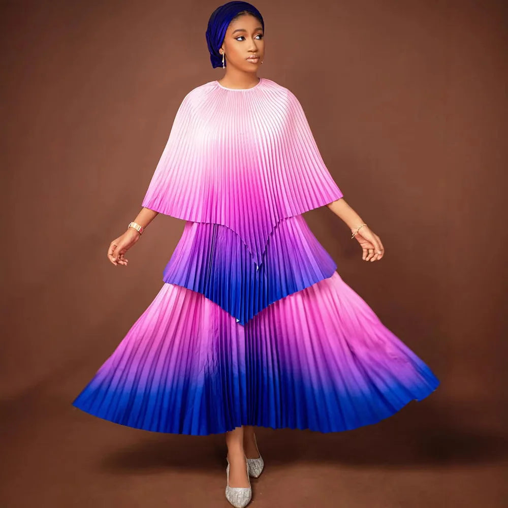Maxy Fashion Plus Size Women Dress Miyake Pleated Gradient Color Ladies Clothing Irregular Shawl Top &  A-line Skirt New