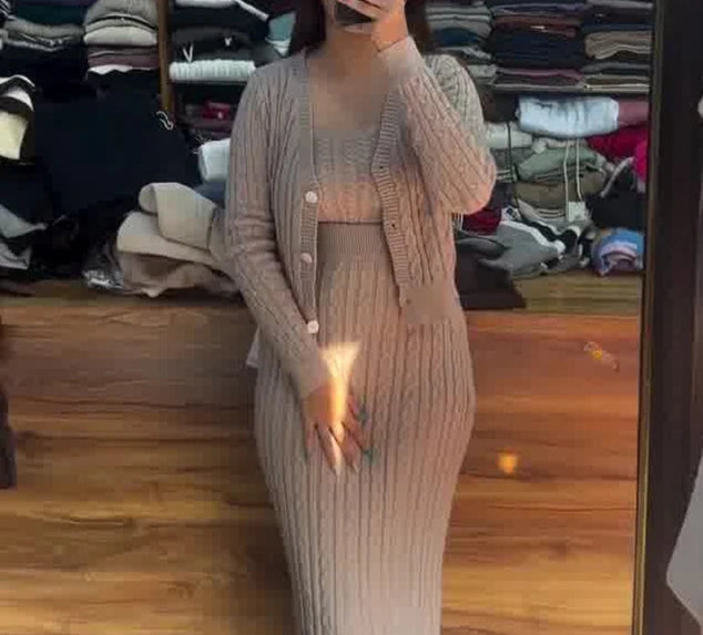 Maxy Elegant Two Pieces Set for Women Outfits Autumn Winter Solid Color Knit V-Neck Cardigan Coat+Slim Fit High Waist Sweater Dress