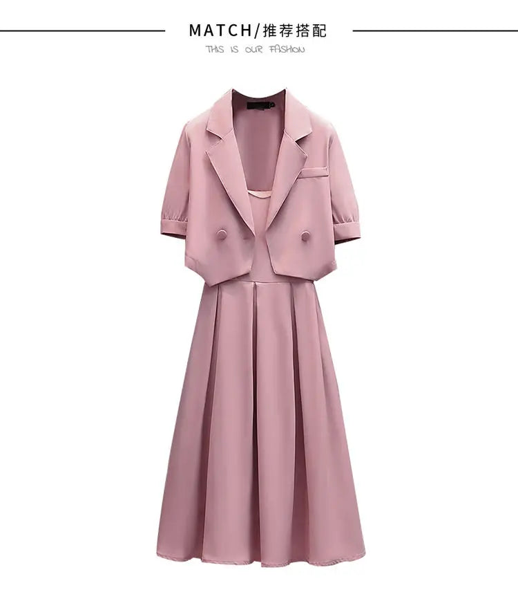Maxy Spring and Summer New Large Women's Dress Korean Style Suit Top+fashionable Slip Dress Suit Is Slim and Fashionable