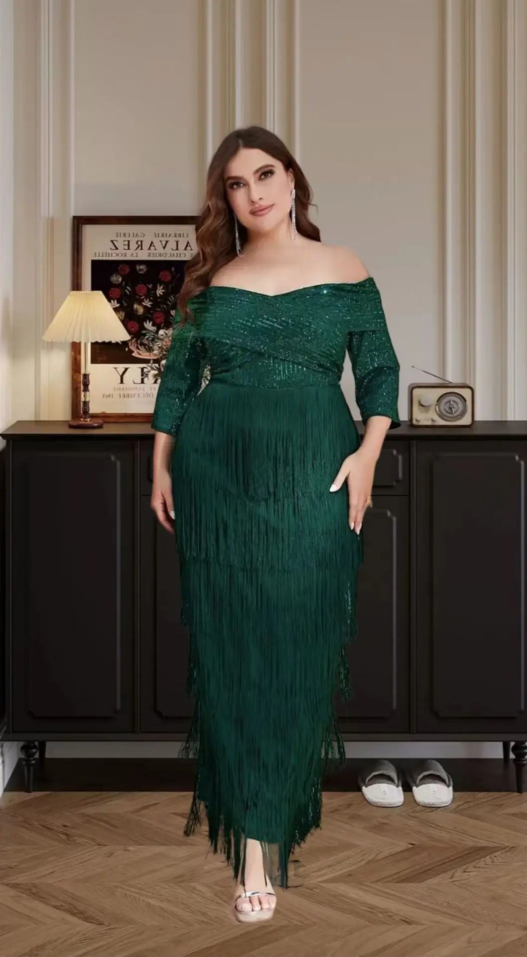 Maxy New Plus Size Women Dress Elegant Sequins One Shoulder Tassel Party Dresses Fashion Solid Color Layered Evening Dresses