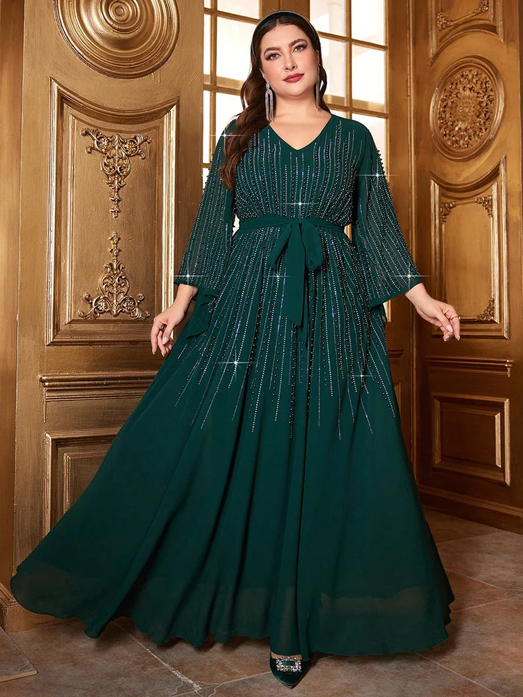 Maxy Women Bead Bell Sleeve Belted Dress, Long Dresses, Luxury, Elegant, Formal, Arabian Party, Evening, Plus Size, 2024