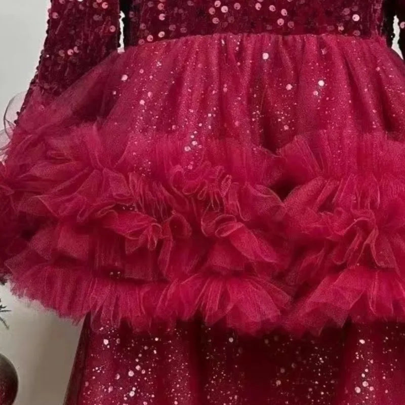 Maxy Baby Girl Princess Christmas Sequins Tutu Dress Long Sleeve Infant Toddler Child Tulle Vestido Birthday Party Baby Clothes 1-12Y