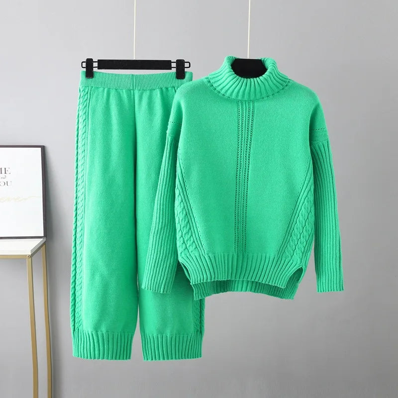 Maxy HLBCBG Cashmere Women Tracksuits Knitted Thick Women Turtleneck Sweater 2/Two Piece Sets Drawstring Harem Pants Suits Outfits