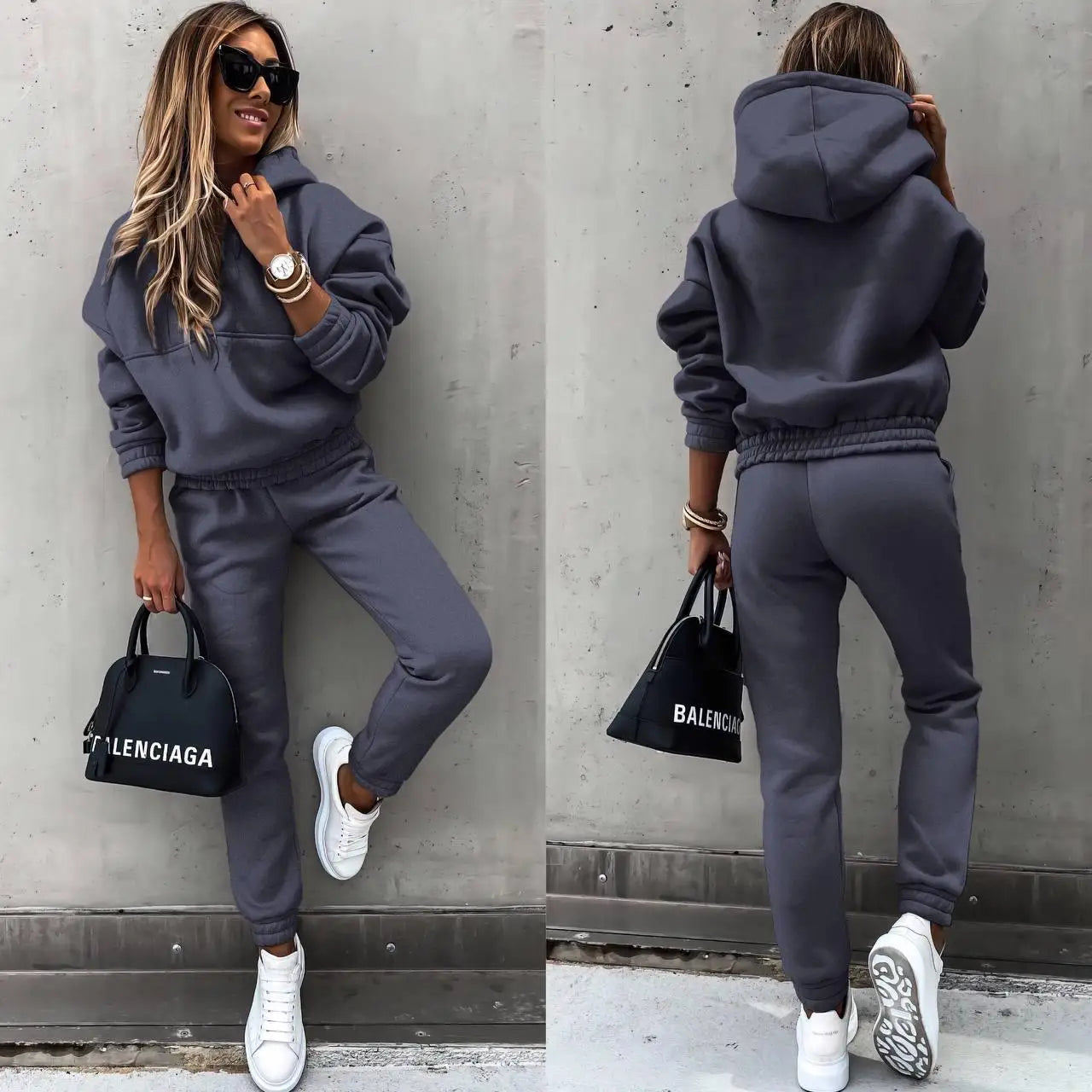 Maxy Women Winter Two Piece Set Tracksuit Solid Color Suit Autumn Trouser Suits Female Sweatshirt Solid Sports Hoodie Sportswear