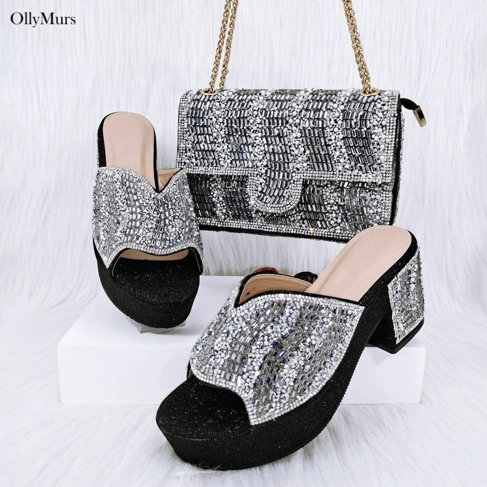 Maxy Design Summer Rhinestone Woman Shoes and Purse Set for Party African Elegant Pumps Slipper And Bag Matching Set