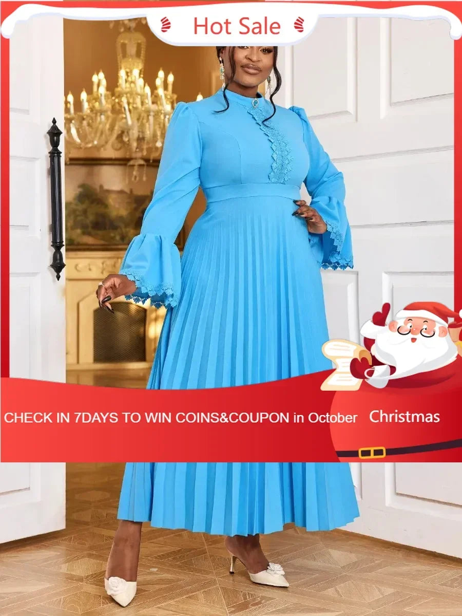 Women Blue Gracy's Dress Stand Collar Long Flare Sleeves Lace Patchwork Elegant Pleated A-Line Church Evening Banquet Party Gowns