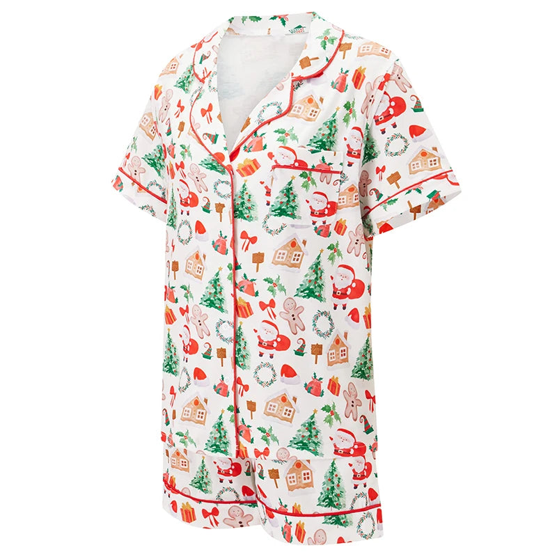 Family Matching Christmas Pajama Set Gingerbread Print Short Sleeve Tops Elastic Waist Shorts