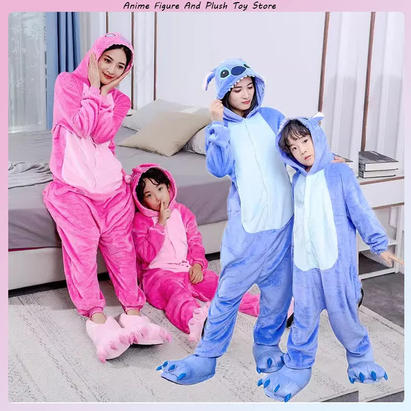 Maxy Stitch Cosplay Costumes Women Men Cartoon Jumpsuit Adults Cute Flannel Hooded Pajamas Onesie For Halloween Christmas Party