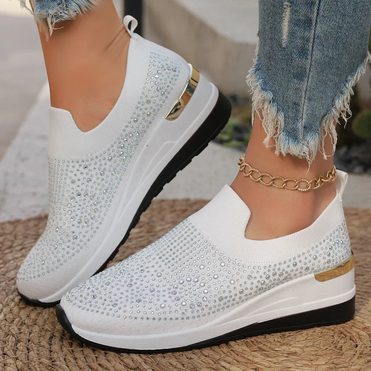 Visco Orange Rhinestone Casual Sneakers Breathable Wedge Women Lightweight Shoes Slip On New Comfortable Spring Mesh Sports Shoes