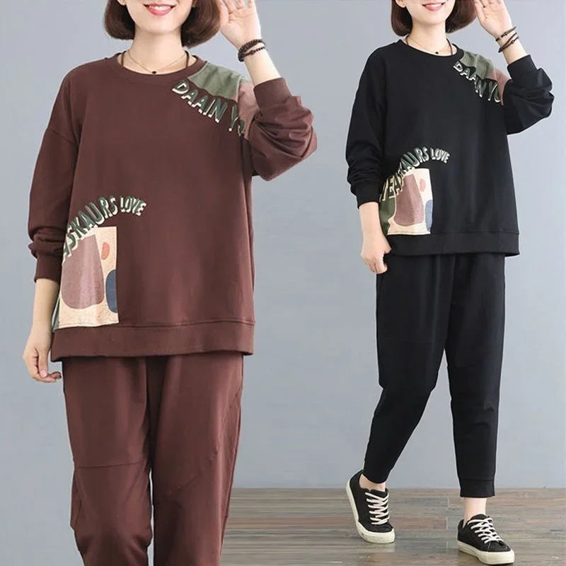 Amay Women's Leisure Sports Suit Summer New Korean Fashion Printing Loose Crop Tops Pants 2 Two Piece Sets for Women Tracksuit