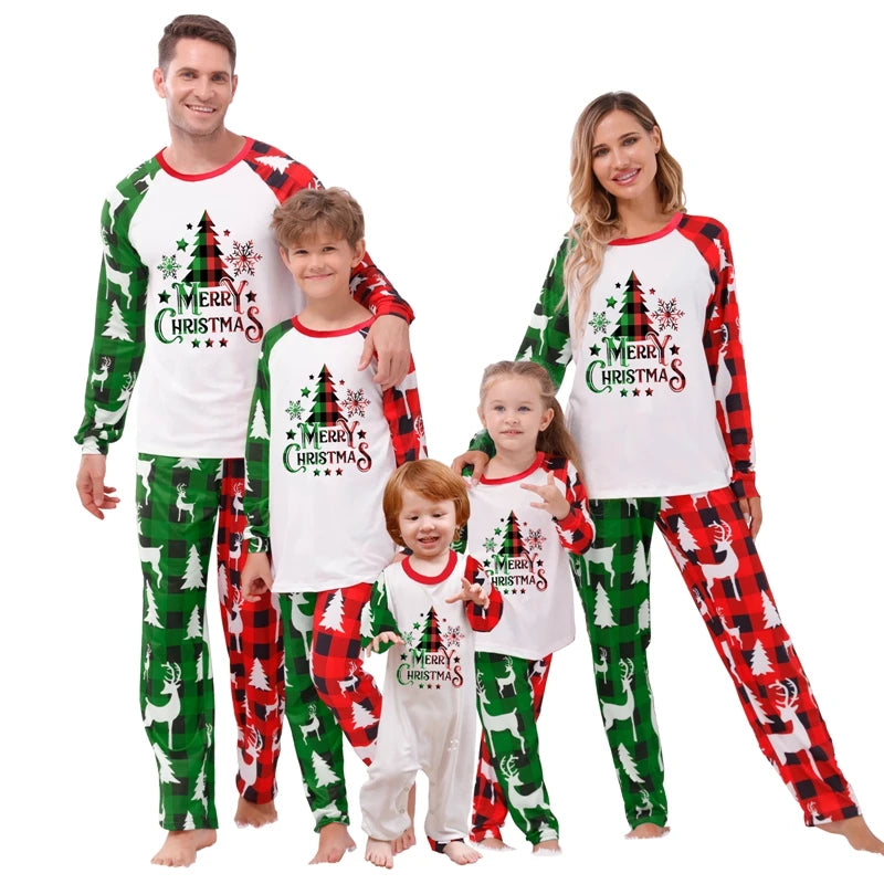 Maxy Family Loungewear Pjs Matching Set Christmas Tree Letter Print Long Sleeve Tops Elastic Waist Plaid Pants Sleepwear
