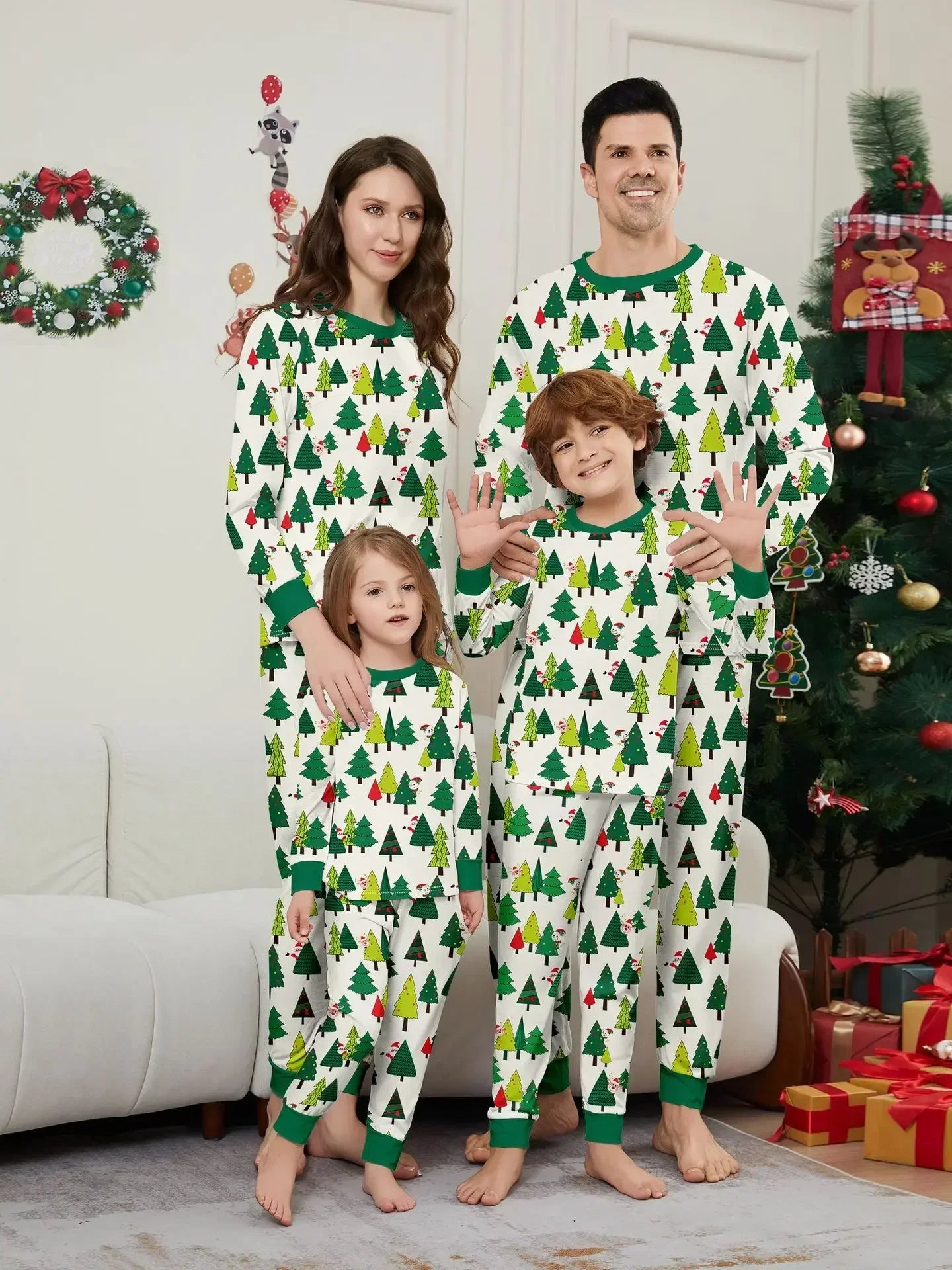 Maxy 2024 Winter Christmas Family Matching Clothes Cartoon Allover Print Casual Soft Lounge-wear Parent-child Pajamas Set Xmas Gift