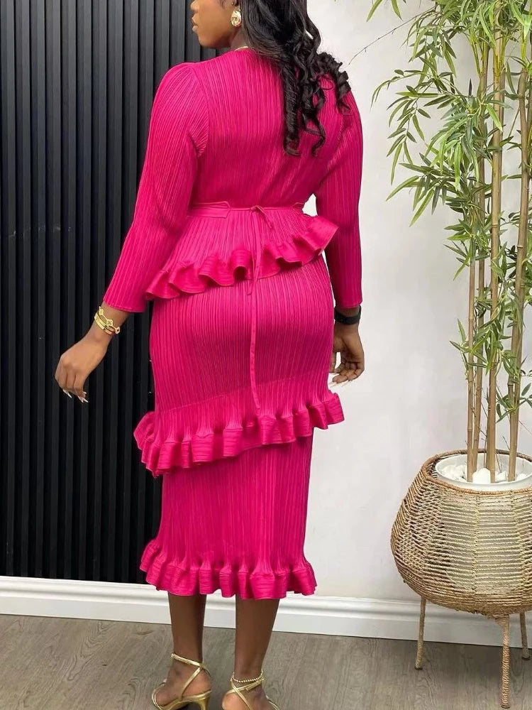 Babs Elegant Dresses for Women Long Sleeve O Neck Layered Ruffles Trim Bodycon Dress with Belt Stylish Chic Female Spring Outfits