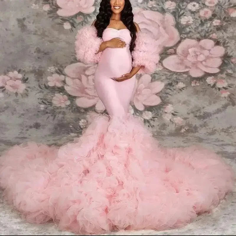 Maxy Hot Maternity Dresses Photoshoot Tulle Maxy Gown Baby Shower Ruffles