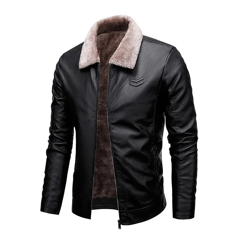 Maxy Men's Leather Jacket with Plush Lining Motorcycle Style Top  Artificial Leather Jacket Mens Fur Coat  Winter Men