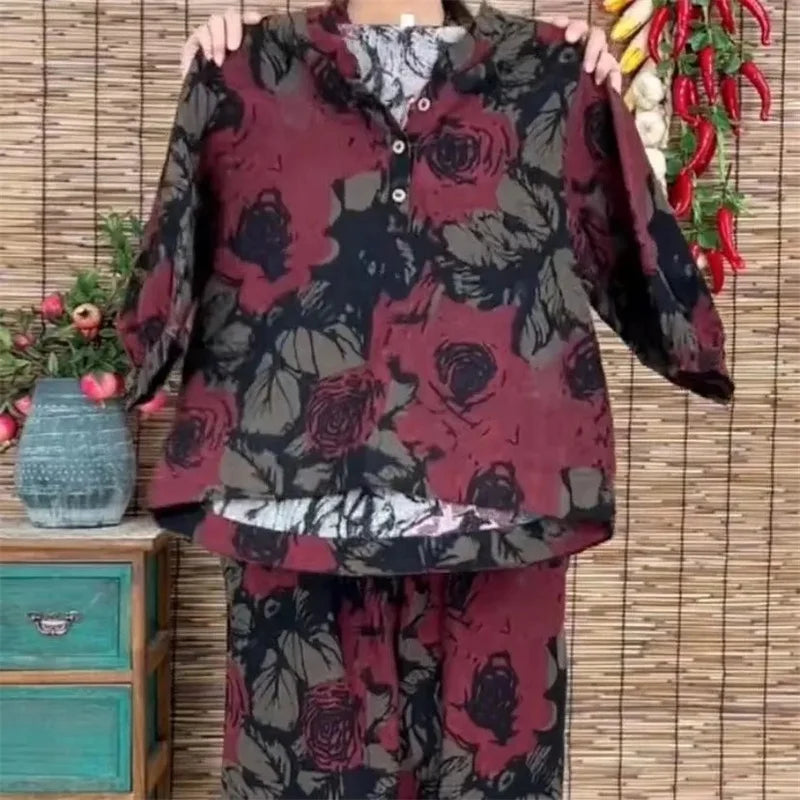 Maxy Summer Mother Sets Cotton And Linen New Loose And Thin Printed Casual Suits Retro Harem Pants Two-Piece Set Short Sleeve T-Shirt
