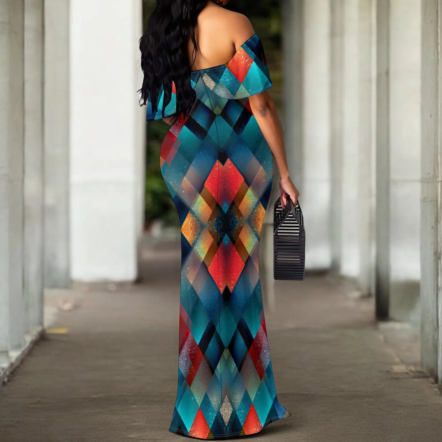 Maxy Sparkle Diamond Print Maxy Dress S-3XL Off Shoulder Bodycon Mermaid Style for New Year’s Eve, Holiday Dinner or Glam Party Look