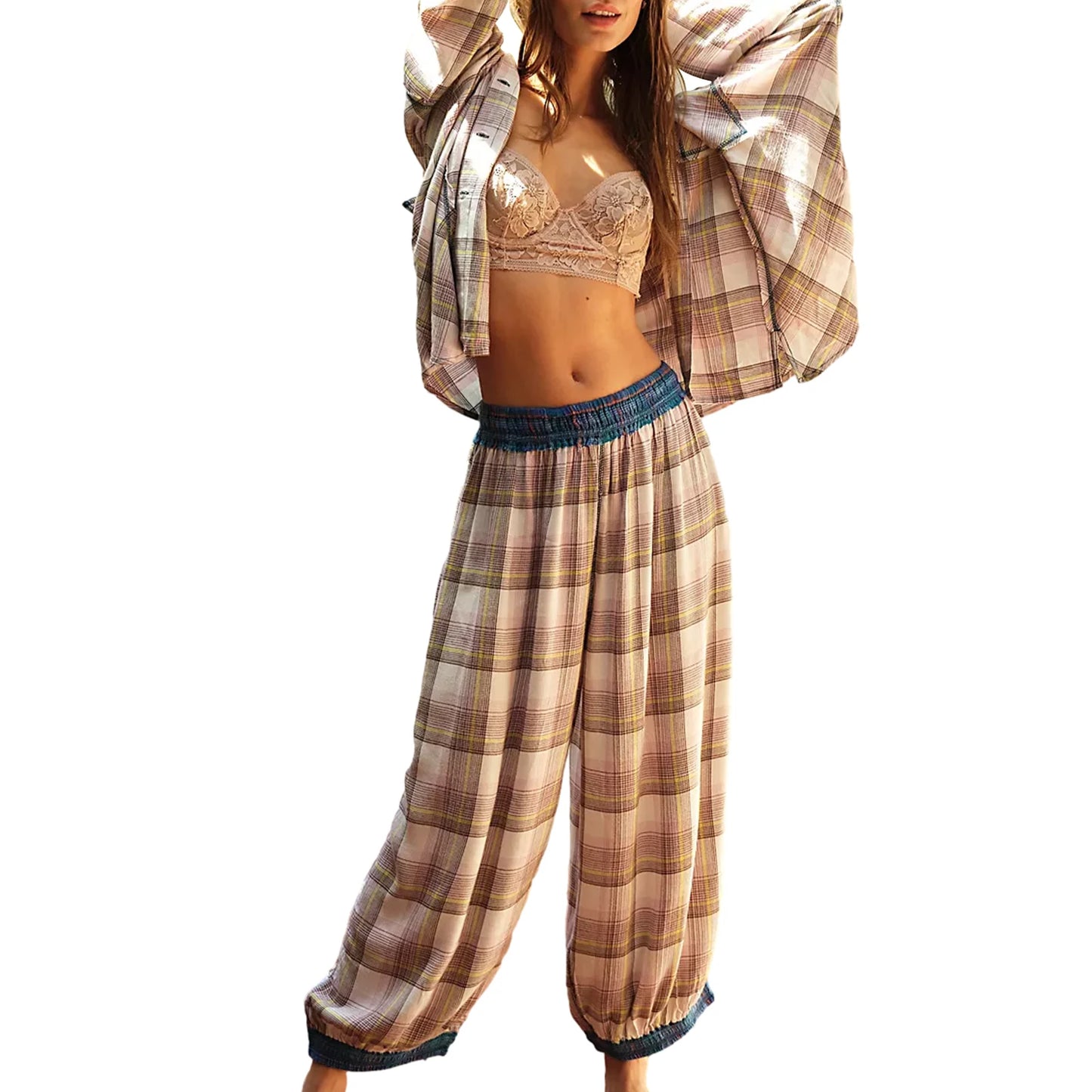 Women s 2 Piece Lounge Palid Pajamas Set Y2k Long Sleeve Button Down Shirt and Wide Leg Pants Sleepwear Outfits