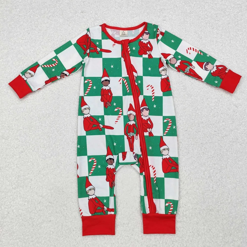 Maxy Winter Fashion Match Children Christmas Cane Green and White Plaid Long Sleeve Long Pants Pajama Set Wholesale Pajamas Romper