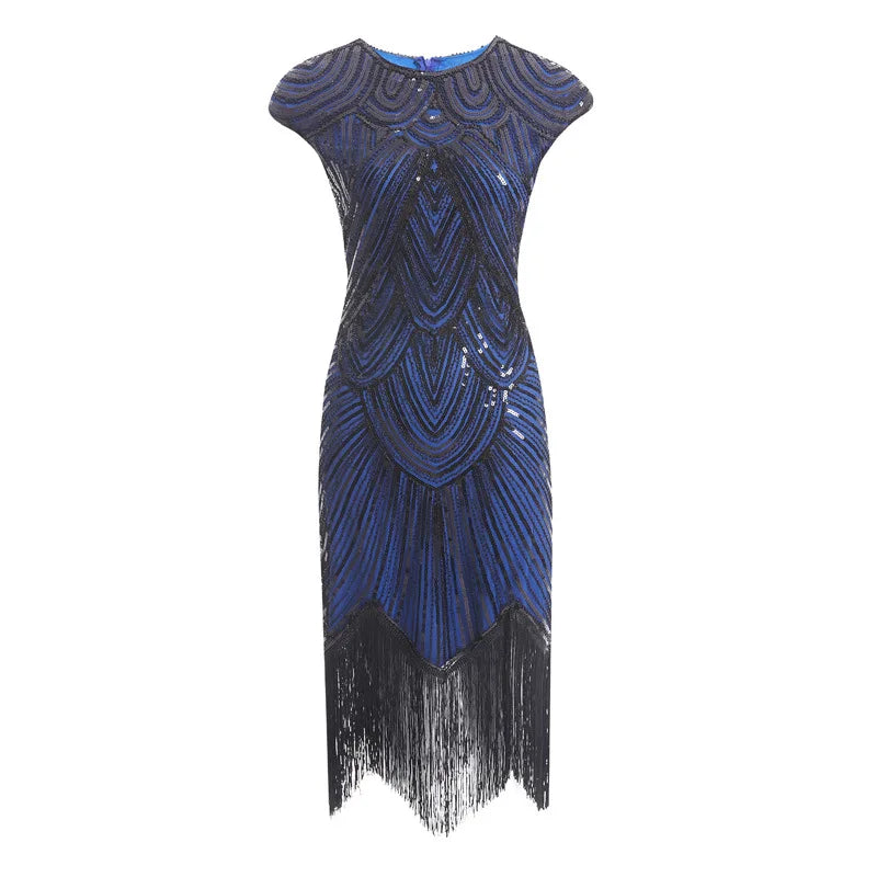 Maxy Vintage Glitter Evening Party Dress For Women Sequin Bead Embroidery Tassel Prom Gown Gala Dress Summer Art Deco Retro Black