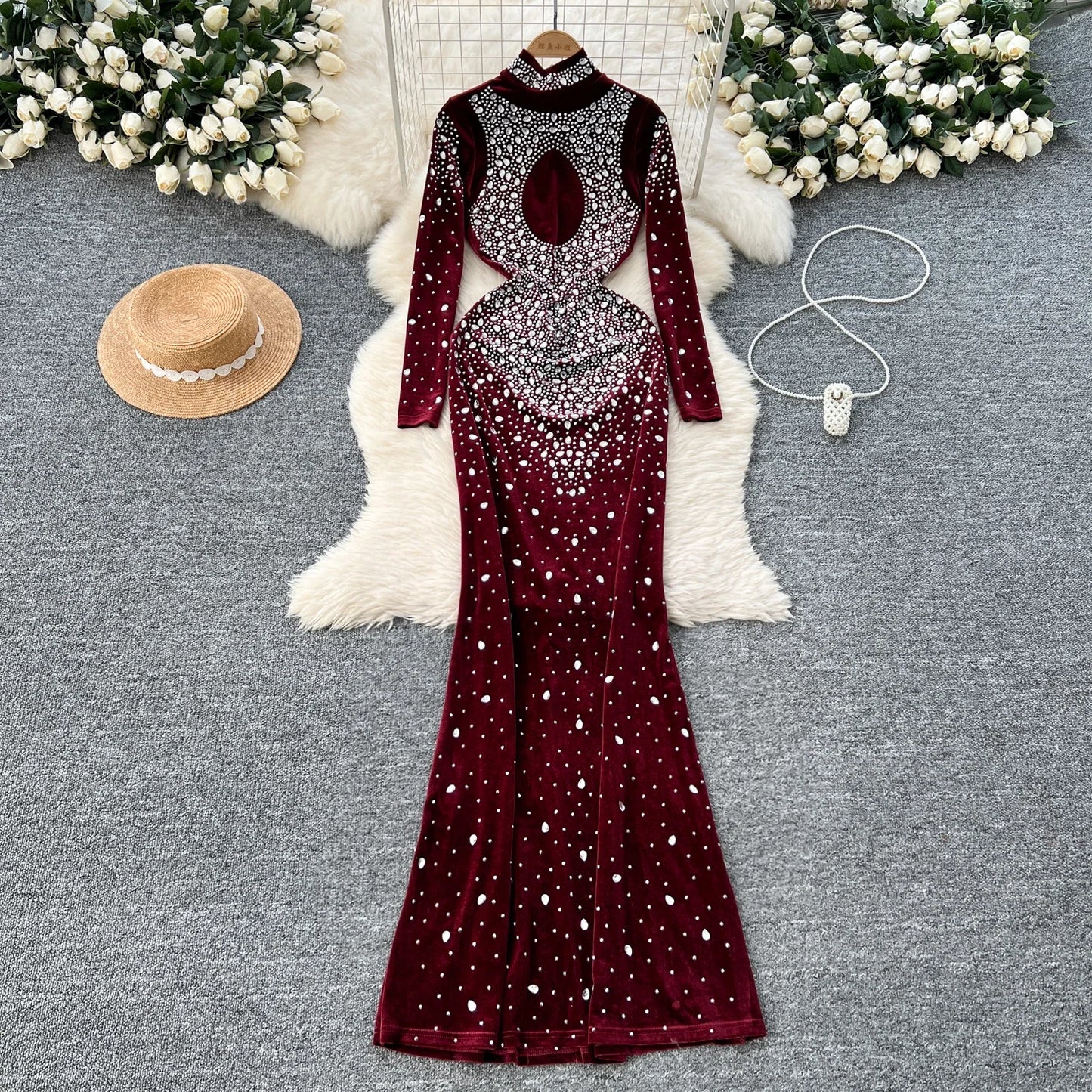 Maxy Elegant Long Sleeves Vintage Turtleneck Chic Rhinestone Slim Velvet Dresses Korean Evening High Street Autumn Winter Clothing