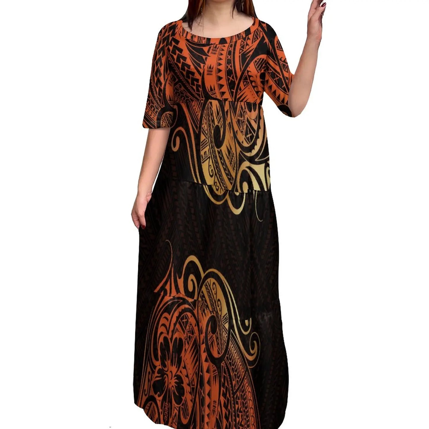 Maxy Customize Printed Logo Oem Dress Brown Polynesian Tribal Tattoo Dresses Ladies Flare Sleeve Round Neck Casual Mini Bodycon Dress