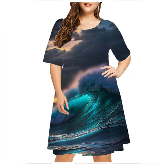 Maxy Thunder Lightning Pattern Women Dress Short Sleeve O-Neck Tie Dye 3D Print Summer Dress Plus Size Ladies Casual Loose Dress 6XL