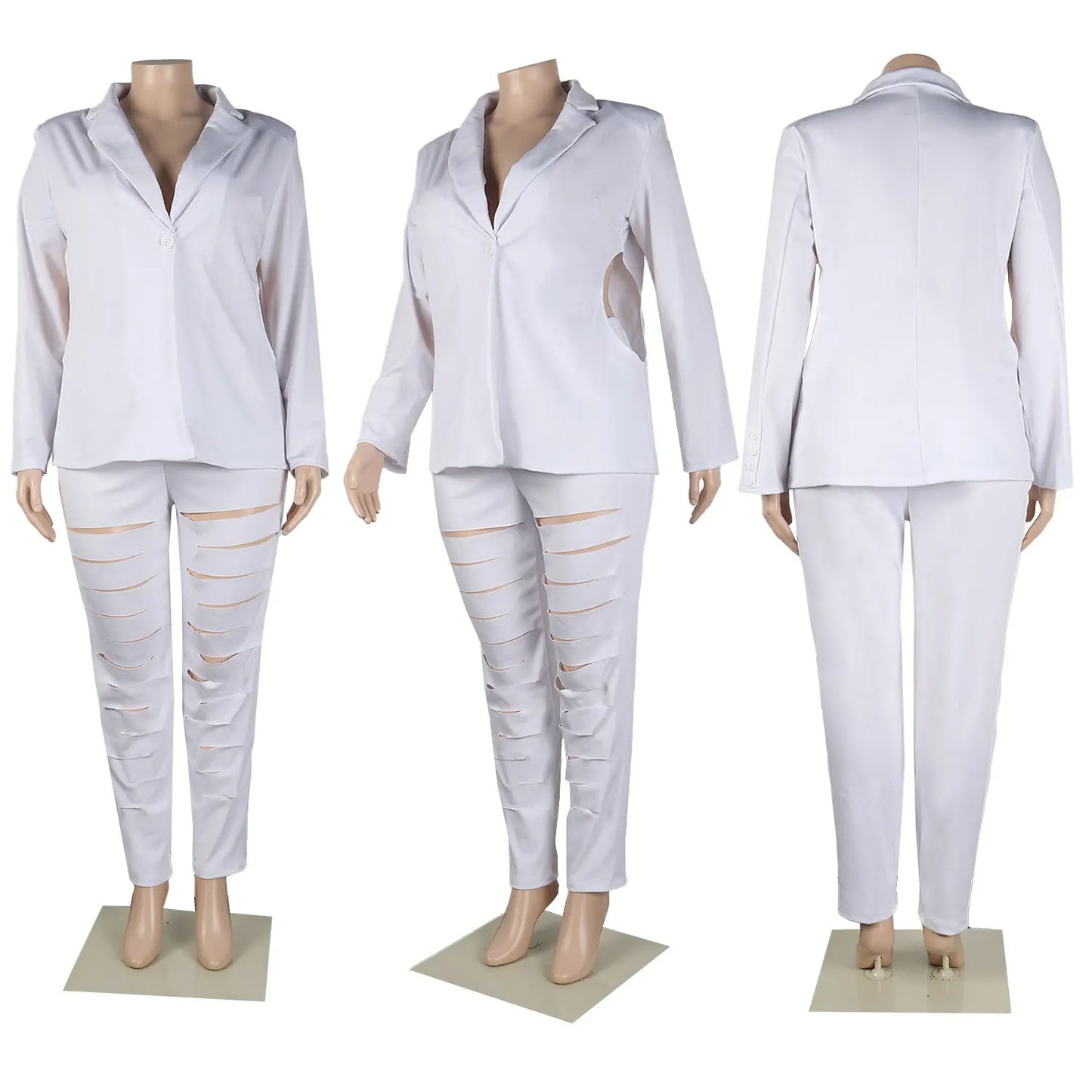 Maxy Plus Size Hollow Out Matching Set Women Solid Suit Jacket Female Winter Pencil Pant Lady Elegant Outfit Two Piece Pant Set