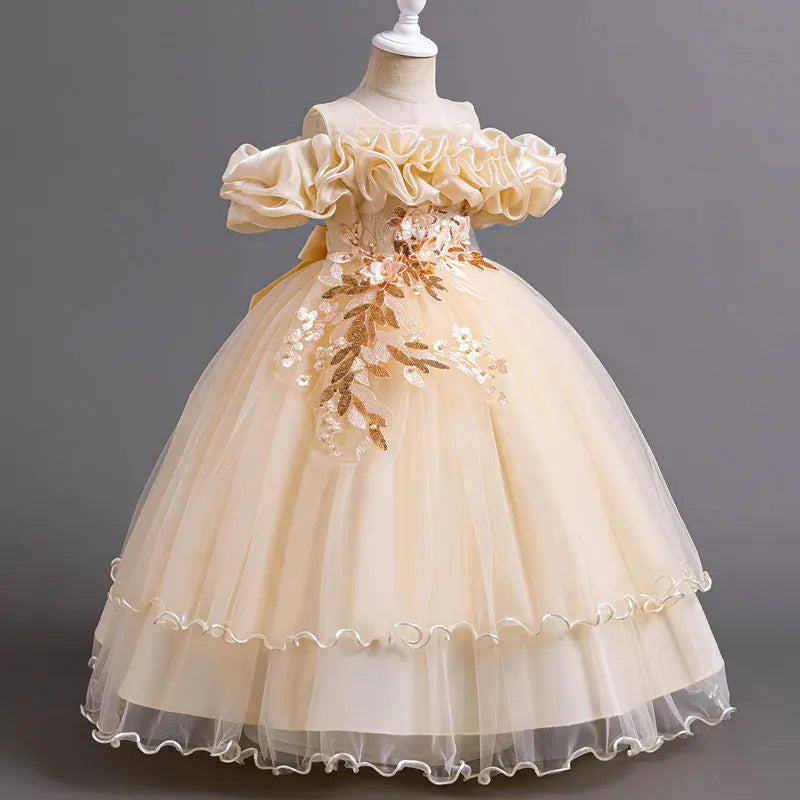 Maxy Princess Fashion Flower Girl Dresses for Weddings Short Sleeve Lace Bridesmaid Dresses Summer Children Girls Party Dresses 3-14 Years
