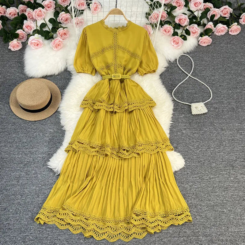 Maxy French dress Summer new high-waisted slimming bubble sleeve chiffon patchwork lace cake dress