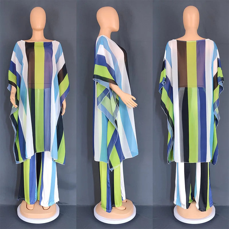 Amay Fashion Pants Set Women Two Piece Sets Fashion Oversize Chiffon 3/4 Sleeve Top And Pants Suit High Street Lady Chic Sets