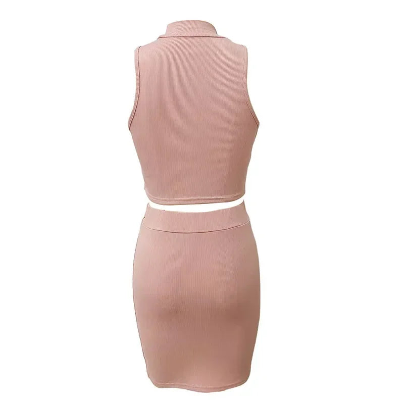 Amay Diamond Love Hollow Out Knit Ribbed 2 Piece Set Women Clothing Sleeveless Crop Top + Mini Skirt Night Club Outfits Matching Sets