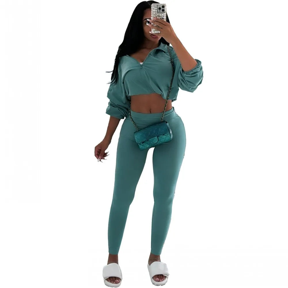 Maxy 2 Pieces Women's Sets Summer Autumn Solid Color Zipper Suit Tops And Pants Suits Two Piece Set Tracksuit Outfit