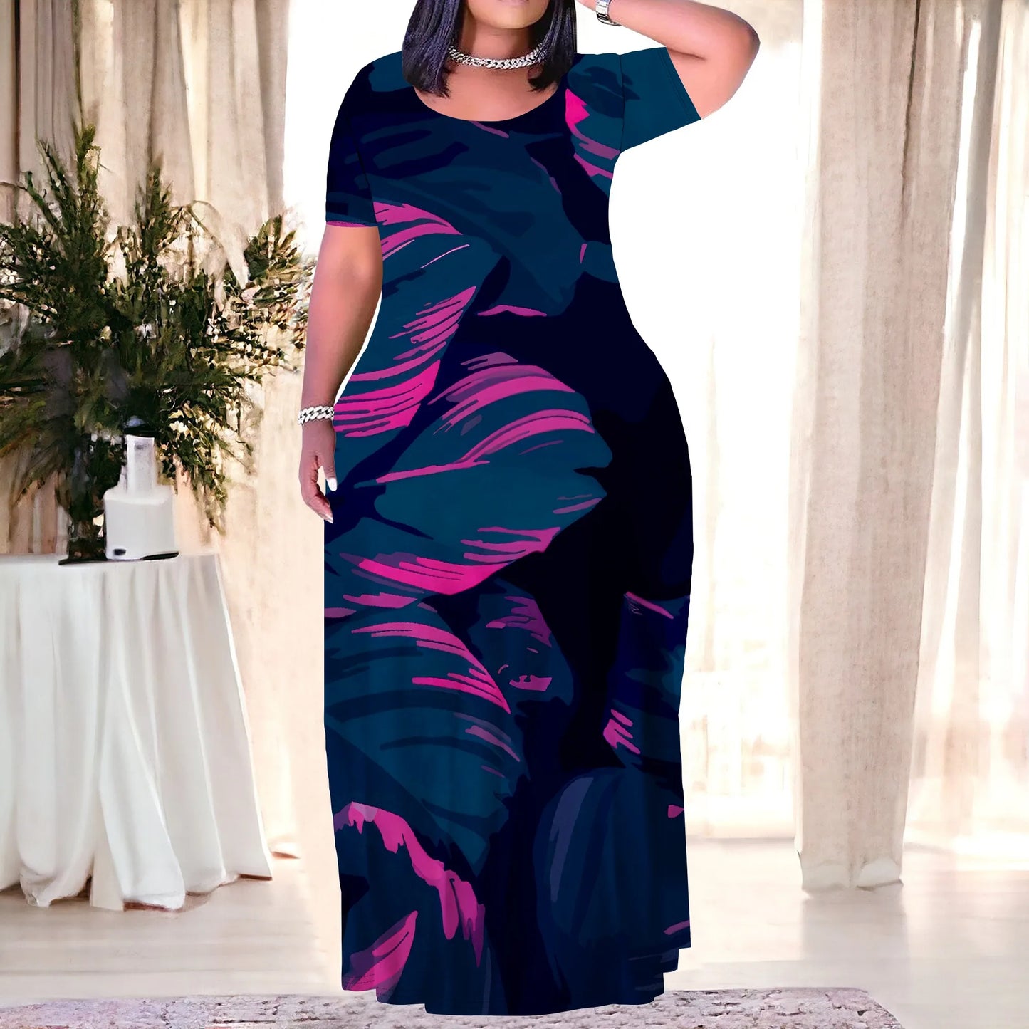Maxy Plus Size Long Dress Sexy Outfits for Women Printed Loose Cute Dress