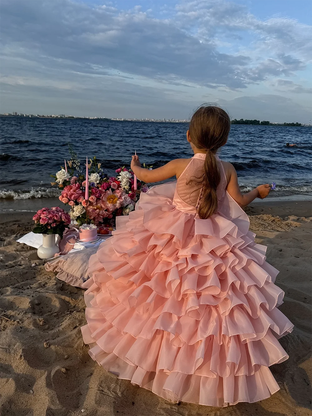 Maxy Princess Flower Girl Dress For Wedding Light Pink Layered Ruffles Sleeveless Child First Eucharistic Birthday Party Dress