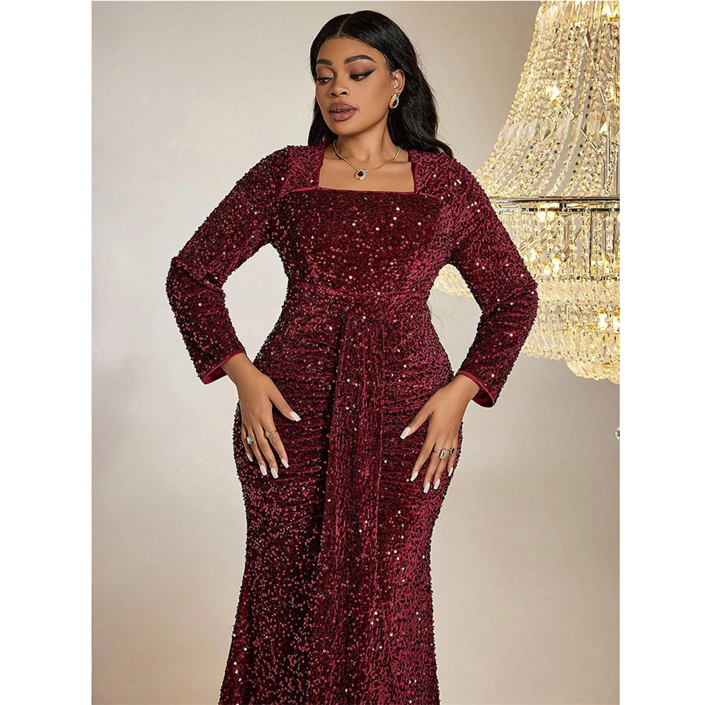 Maxy Plus Size Square Neck Sequin Luxury Extra Long Glitter Evening Gown Big Size Women Wedding Banquet Wine Red Sequin Evening Dress