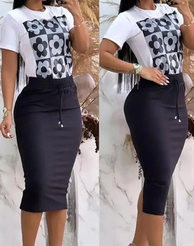 Maxy Women's Floral Graphic Print Top & Drawstring Slit Skirt Set Fashion Summer Clothing Female Casual Outfits Two Piece Suit