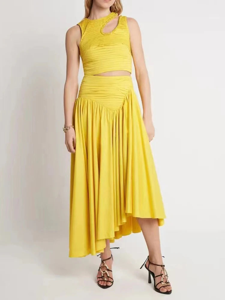 Maxy Slim Two Piece Sets For Women Round Neck Sleeveless Hollow Out Pleat Crop Tops Irregular Hem Pleated Skirt Solid Set Female