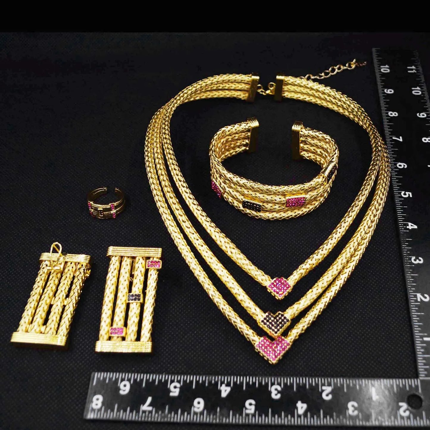 Amay new unique design jewelry set Italian gold plated three-layer copper ring advanced bride wedding necklac