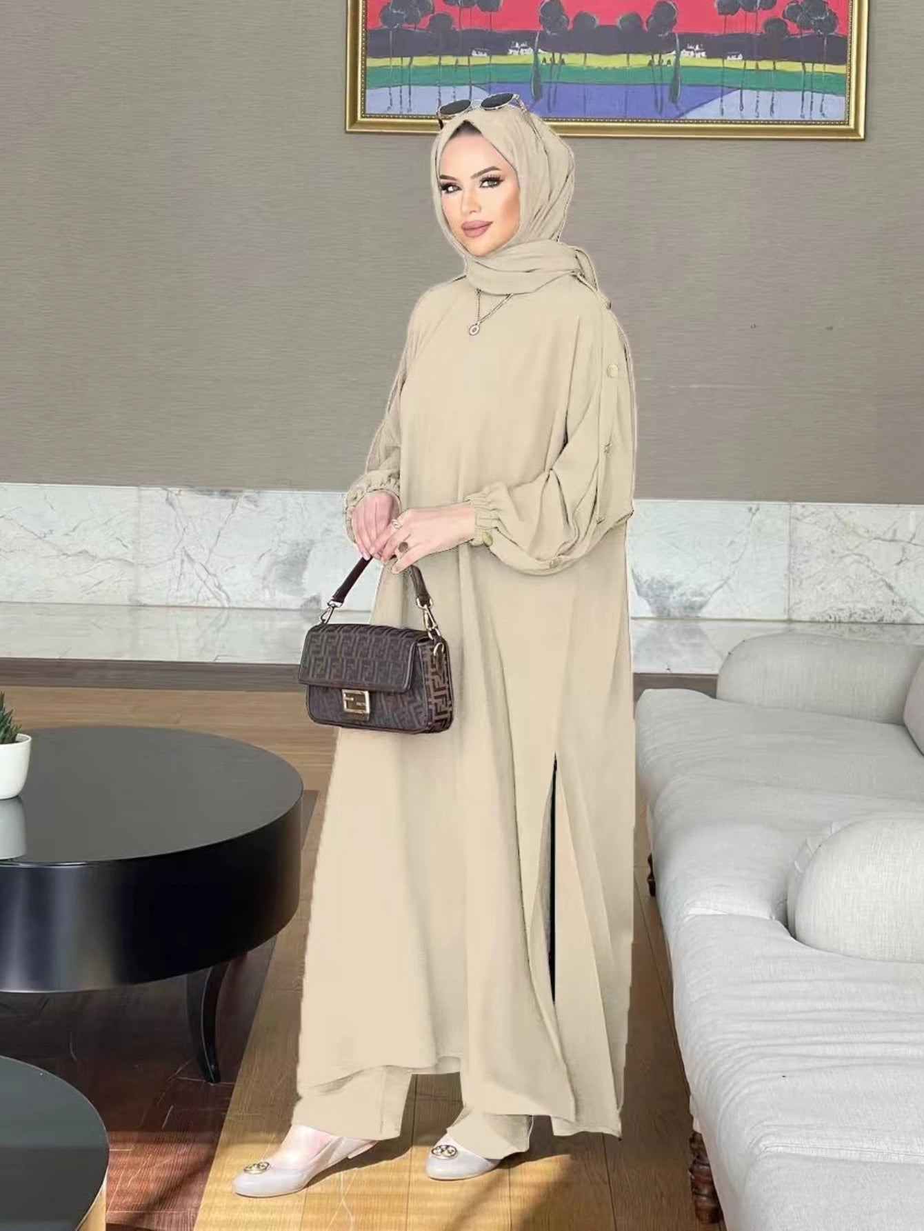 Maxy Muslim Dress for Women Blouse 2 Piece Set Long Sleeve Abaya Shirt Wide Leg Pant Suits Arabic Dubai Dresses Musulman Ensembles
