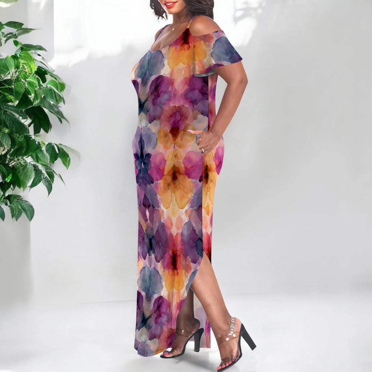 Maxy Plus Size Watercolor Tie Dye Dress Off Shoulder Loose Casual Summer Beach Sundress