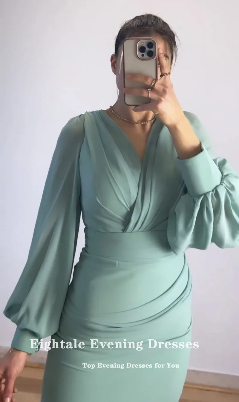 Maxy Eightale Arabic Evening Dress for Wedding Party Chiffon V-Neck Customized Long Sleeve Mermaid Pleats Prom Gowns Celebrity Dress