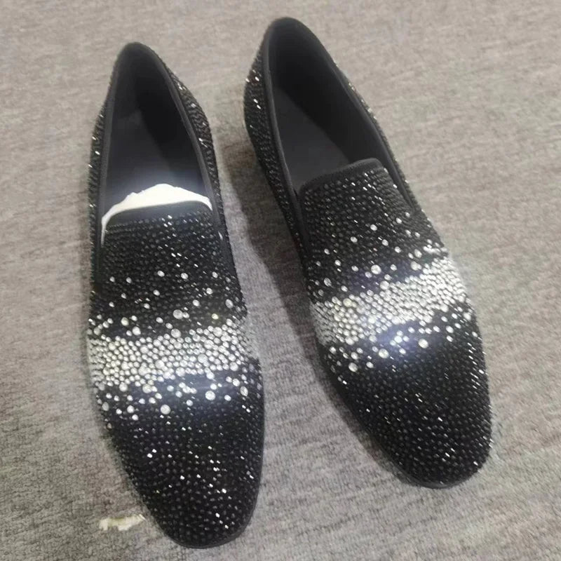 Visco New Stylish Shining Rhinestone Loafers for Men Fashion Suede Shoes Man Dress Shoes Luxury Slip On Party And Wedding Shoes