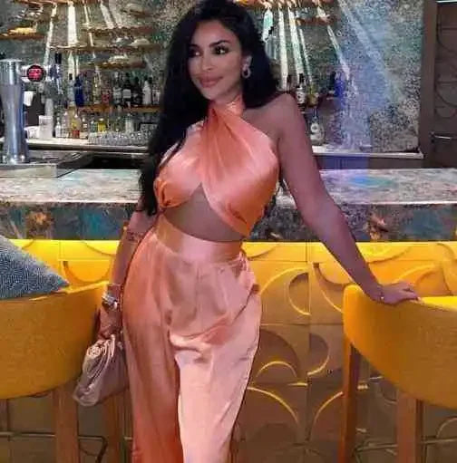 Maxy Sexy Satin Women Two Piece Set Summer Halter Tank Top and High Waist Wide Leg Pants Matching Sets Vintage Party Club Outfits
