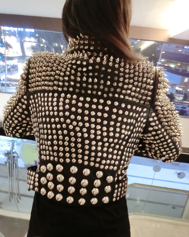 Amay Full Rivet Punka Rock Music Festival Stage Show Full Metal Sequined Motobike Industrial Heavy Leather Jacket Cool Chic Singers