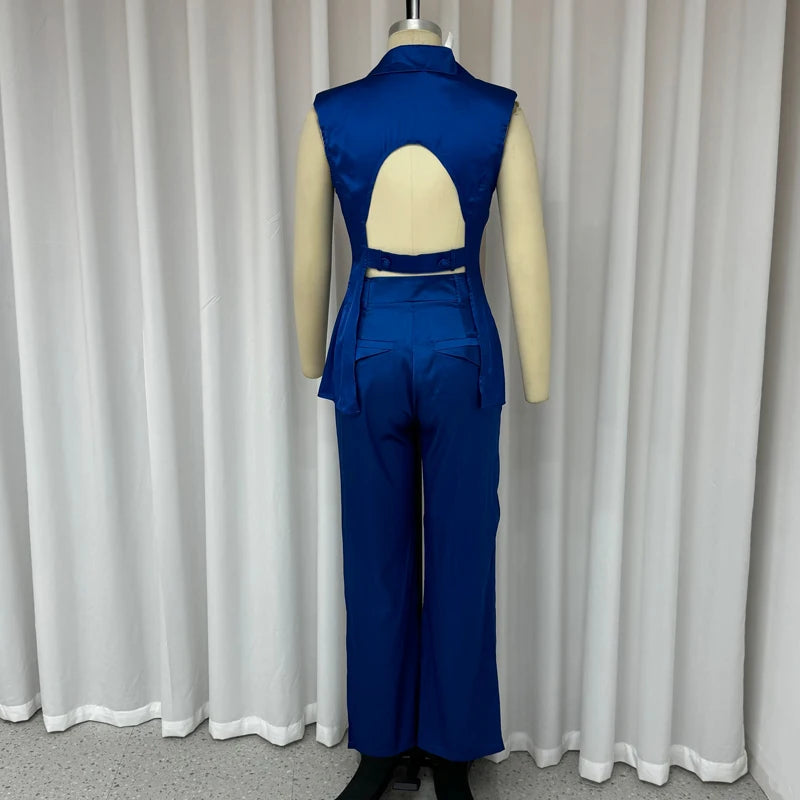 Maxy Wefads Women's Sets Summer Office Lapel V Neck Sleeveless Backless One Button Solid Vest Top Loose Pants Suit High Streetwear