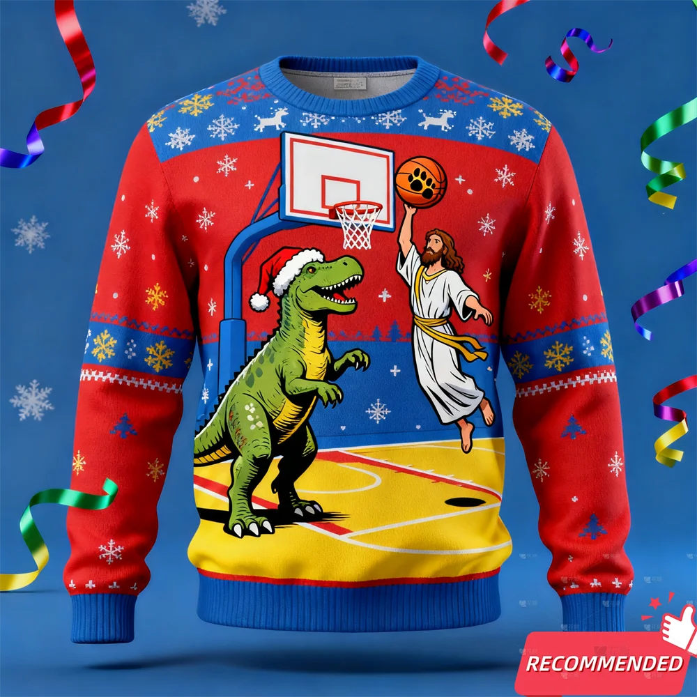 Maxy Christmas Sweatshirt For Men Dinosaur Funny Jesus Santa Ugly Sweater Fashion Unisex Streetwear Xmas Kids Y2k Tracksuit Tops