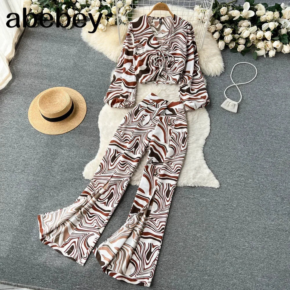 Maxy Summer Women Floral Printed Two Piece Set Sexy V Neck Lantern Sleeve Short Tops + Wide Leg Pants Suit Vacation Beach New